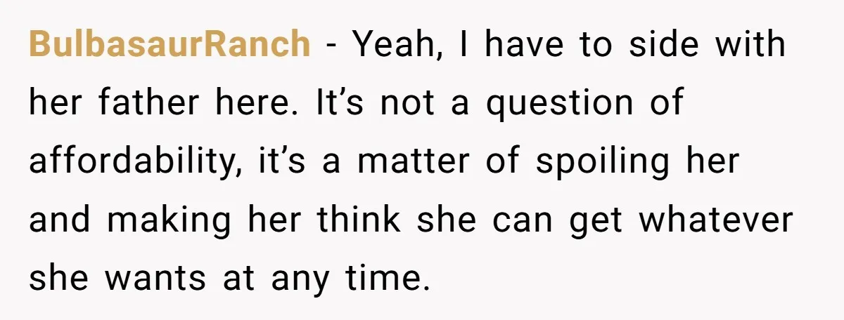 BulbasaurRanch − Yeah, I have to side with her father here. It’s not a question of affordability, it’s a matter of spoiling her and making her think she can get...