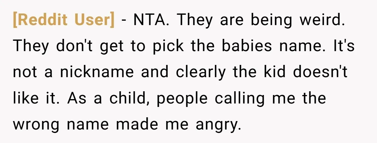 [Reddit User] − NTA. They are being weird. They don't get to pick the babies name. It's not a nickname and clearly the kid doesn't like it. As a child,...