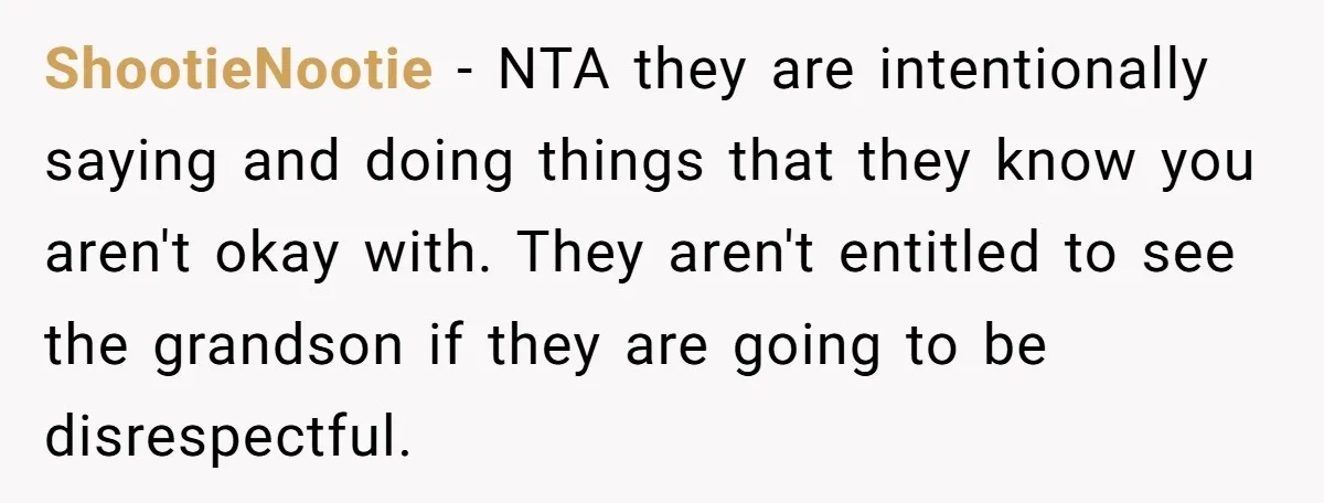 ShootieNootie − NTA they are intentionally saying and doing things that they know you aren't okay with. They aren't entitled to see the grandson if they are going to be...