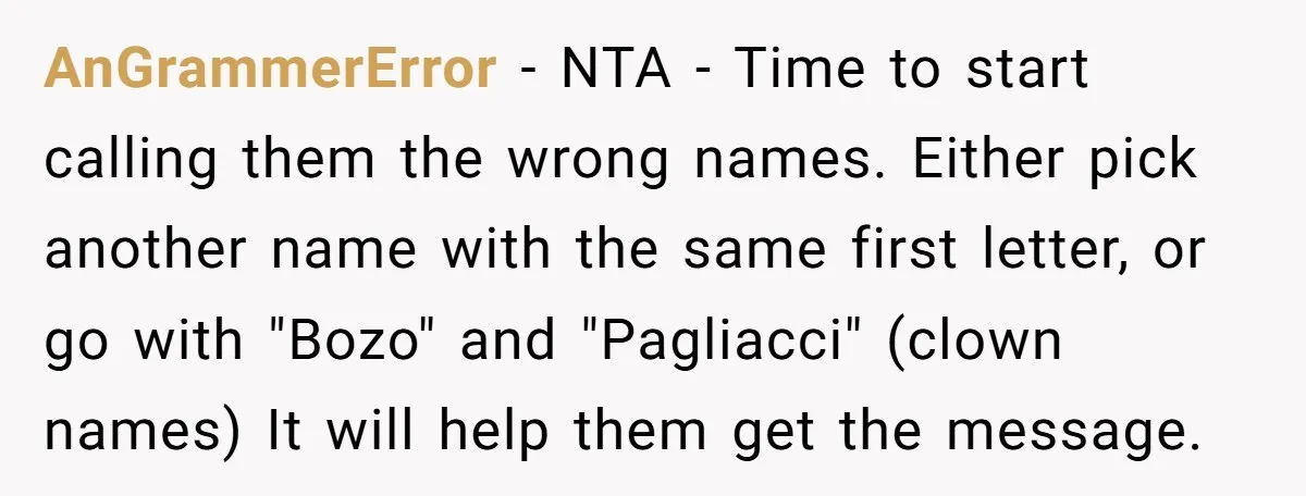 AnGrammerError − NTA - Time to start calling them the wrong names. Either pick another name with the same first letter, or go with "Bozo" and "Pagliacci" (clown names) It...