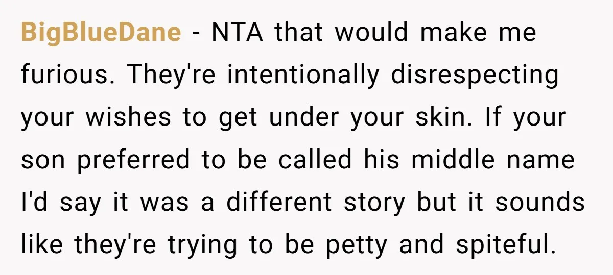 BigBlueDane − NTA that would make me furious. They're intentionally disrespecting your wishes to get under your skin. If your son preferred to be called his middle name I'd say...