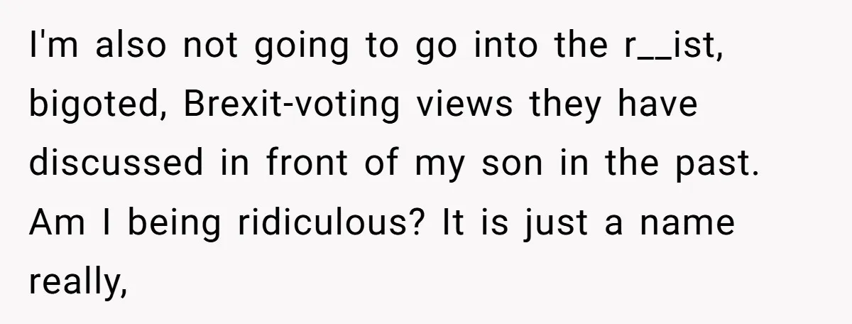 I'm also not going to go into the r__ist, bigoted, Brexit-voting views they have discussed in front of my son in the past. Am I being ridiculous? It is just...
