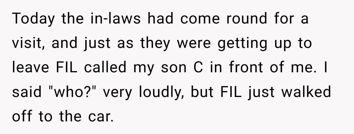 Today the in-laws had come round for a visit, and just as they were getting up to leave FIL called my son C in front of me. I said "who?"...