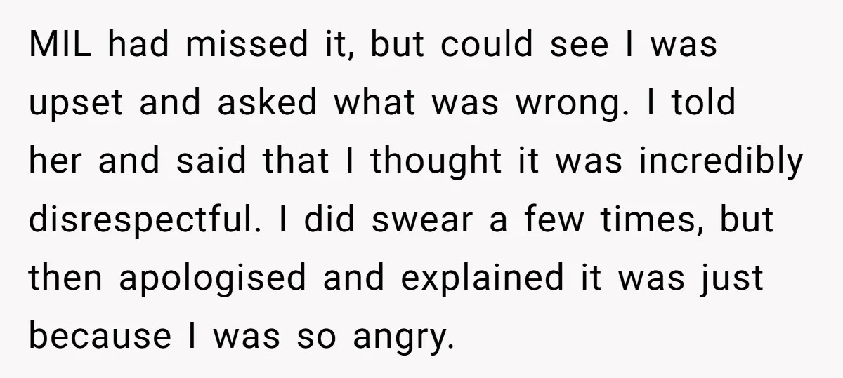 MIL had missed it, but could see I was upset and asked what was wrong. I told her and said that I thought it was incredibly disrespectful. I did swear...