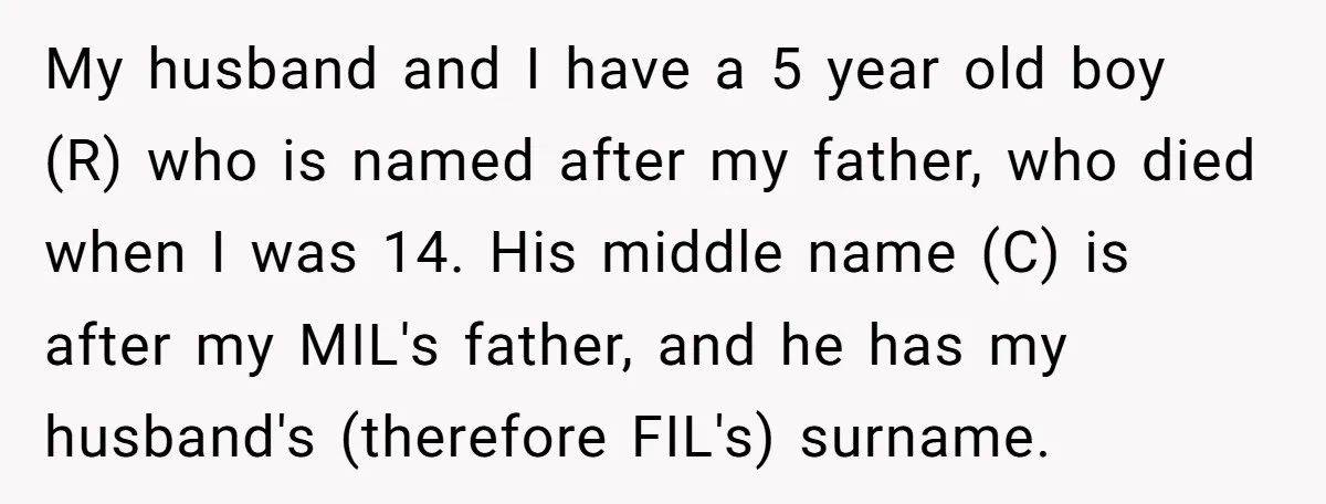 My husband and I have a 5 year old boy (R) who is named after my father, who died when I was 14. His middle name (C) is after my...