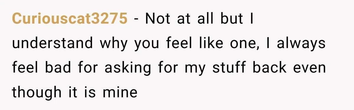 Curiouscat3275 − Not at all but I understand why you feel like one, I always feel bad for asking for my stuff back even though it is mine