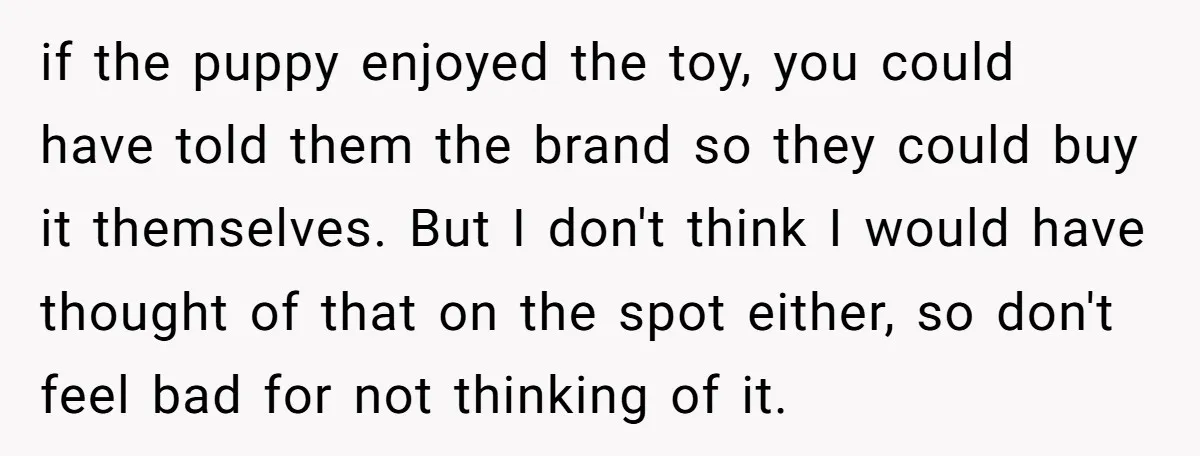 if the puppy enjoyed the toy, you could have told them the brand so they could buy it themselves. But I don't think I would have thought of that on...