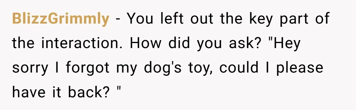 BlizzGrimmly − You left out the key part of the interaction. How did you ask? "Hey sorry I forgot my dog's toy, could I please have it back? "