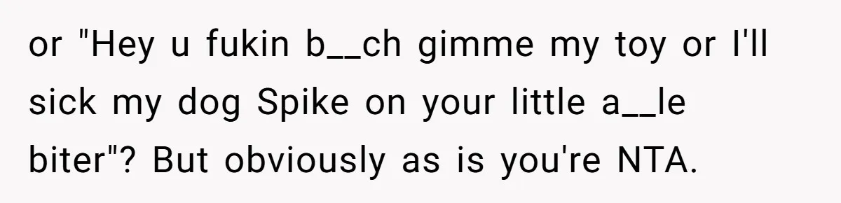 or "Hey u fukin b__ch gimme my toy or I'll sick my dog Spike on your little a__le biter"? But obviously as is you're NTA.