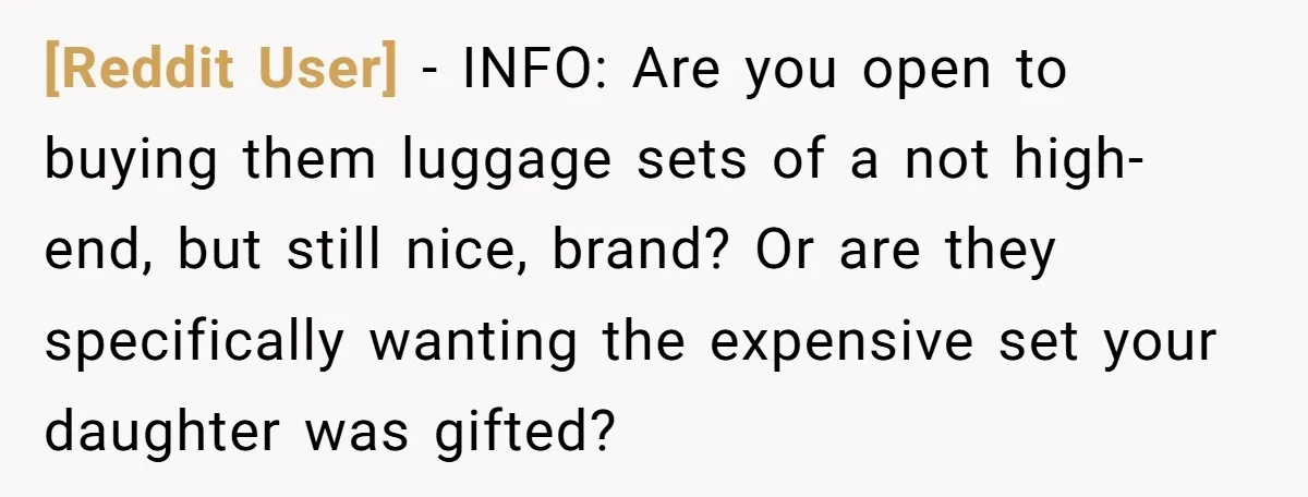 [Reddit User] − INFO: Are you open to buying them luggage sets of a not high-end, but still nice, brand? Or are they specifically wanting the expensive set your daughter...