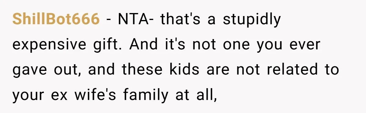 ShillBot666 − NTA- that's a stupidly expensive gift. And it's not one you ever gave out, and these kids are not related to your ex wife's family at all,