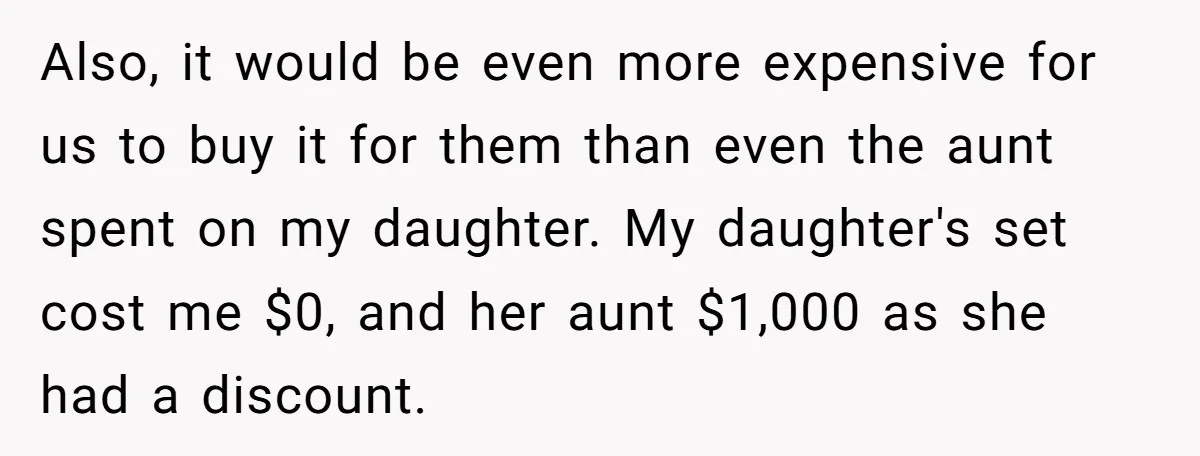 Also, it would be even more expensive for us to buy it for them than even the aunt spent on my daughter. My daughter's set cost me $0, and her...