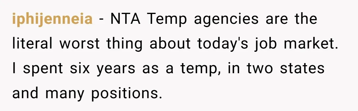 iphijenneia − NTA Temp agencies are the literal worst thing about today's job market. I spent six years as a temp, in two states and many positions.