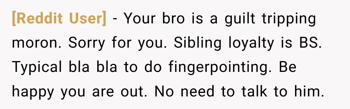 [Reddit User] − Your bro is a guilt tripping moron. Sorry for you. Sibling loyalty is BS. Typical bla bla to do fingerpointing. Be happy you are out. No need...