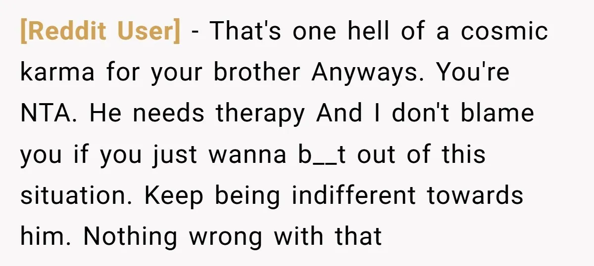 [Reddit User] − That's one hell of a cosmic karma for your brother Anyways. You're NTA. He needs therapy And I don't blame you if you just wanna b__t out...