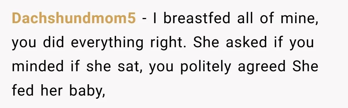 Dachshundmom5 − I breastfed all of mine, you did everything right. She asked if you minded if she sat, you politely agreed She fed her baby,