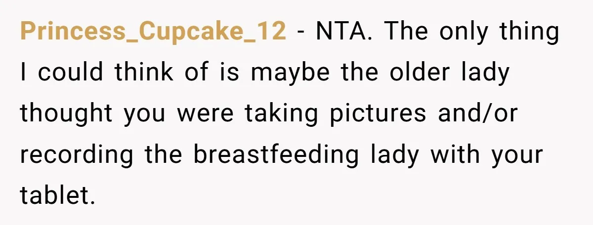 Princess_Cupcake_12 − NTA. The only thing I could think of is maybe the older lady thought you were taking pictures and/or recording the breastfeeding lady with your tablet.