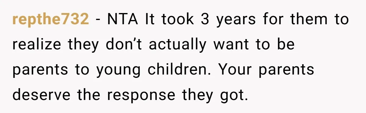 repthe732 − NTA It took 3 years for them to realize they don’t actually want to be parents to young children. Your parents deserve the response they got.