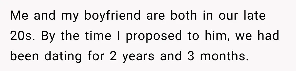 Me and my boyfriend are both in our late 20s. By the time I proposed to him, we had been dating for 2 years and 3 months.