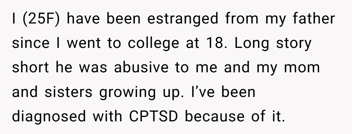 I (25F) have been estranged from my father since I went to college at 18. Long story short he was abusive to me and my mom and sisters growing up....