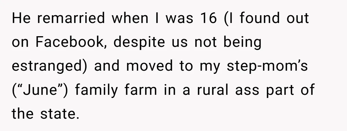 He remarried when I was 16 (I found out on Facebook, despite us not being estranged) and moved to my step-mom’s (“June”) family farm in a rural ass part of...