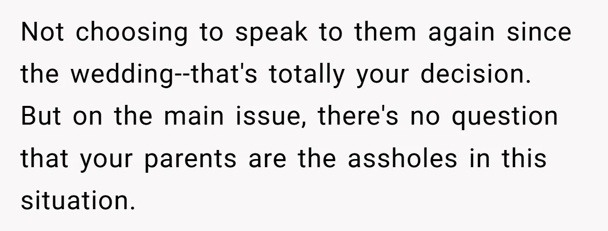Not choosing to speak to them again since the wedding--that's totally your decision. But on the main issue, there's no question that your parents are the assholes in this situation.