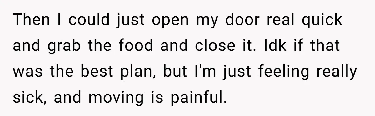 Then I could just open my door real quick and grab the food and close it. Idk if that was the best plan, but I'm just feeling really sick, and...