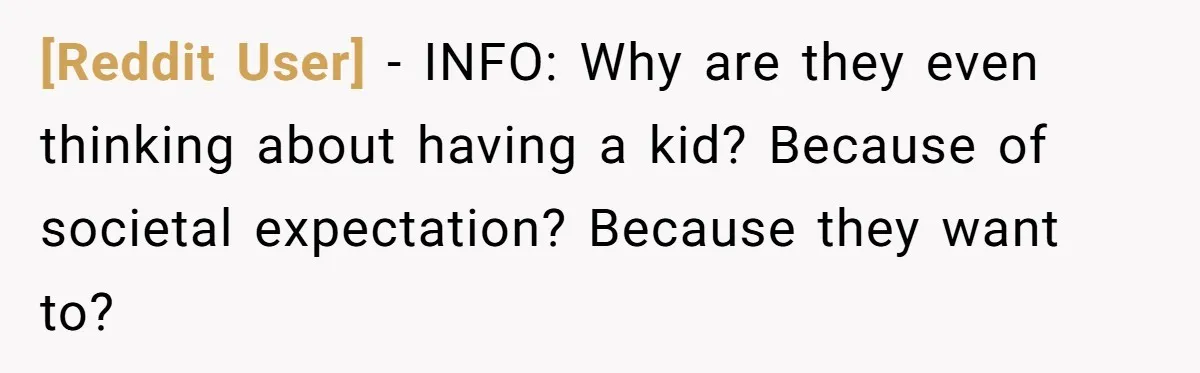 [Reddit User] − INFO: Why are they even thinking about having a kid? Because of societal expectation? Because they want to?