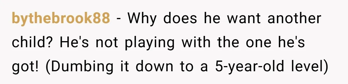 bythebrook88 − Why does he want another child? He's not playing with the one he's got! (Dumbing it down to a 5-year-old level)