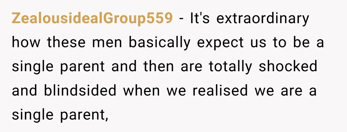 ZealousidealGroup559 − It's extraordinary how these men basically expect us to be a single parent and then are totally shocked and blindsided when we realised we are a single parent,