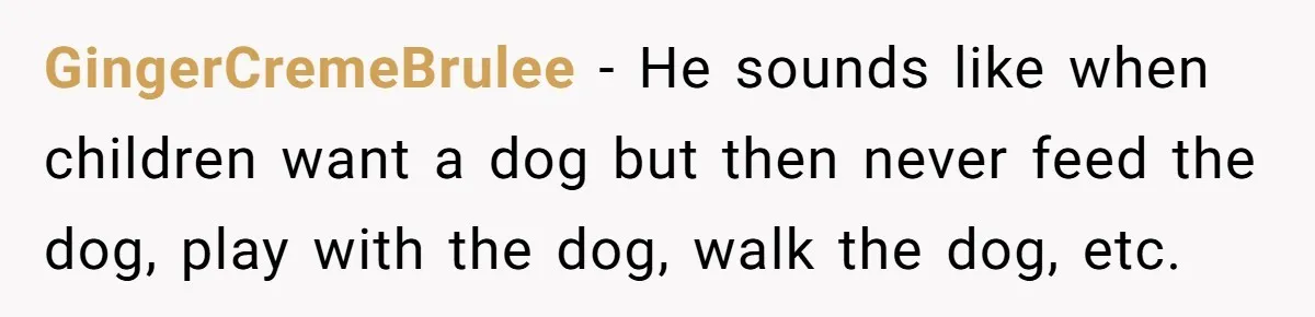 GingerCremeBrulee − He sounds like when children want a dog but then never feed the dog, play with the dog, walk the dog, etc.