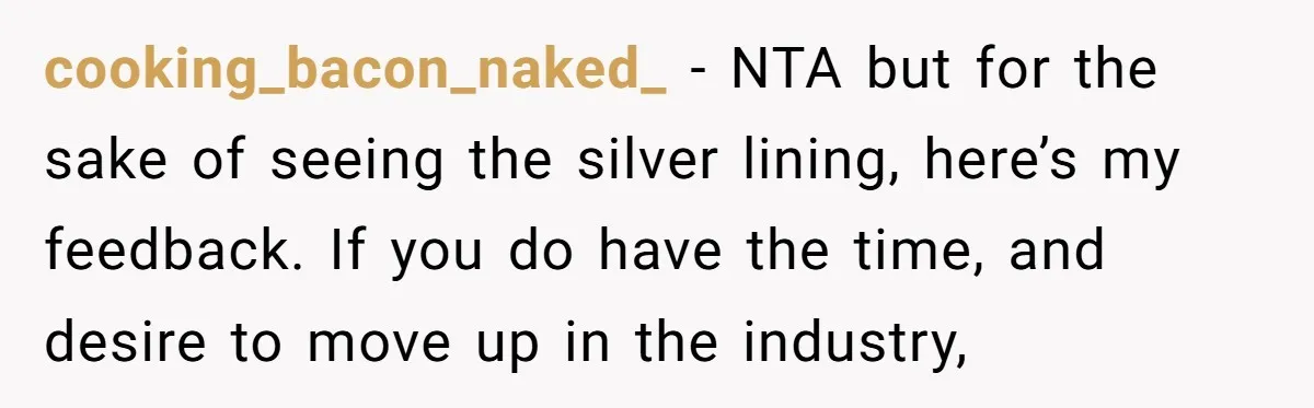 cooking_bacon_naked_ − NTA but for the sake of seeing the silver lining, here’s my feedback. If you do have the time, and desire to move up in the industry,