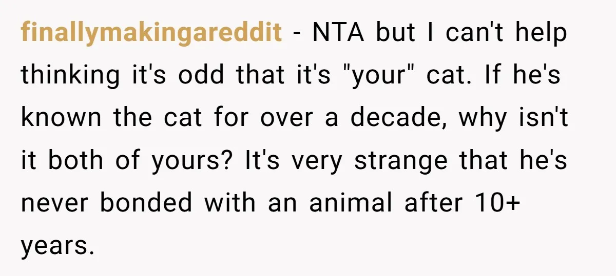 finallymakingareddit - NTA but I can't help thinking it's odd that it's "your" cat. If he's known the cat for over a decade, why isn't it both of yours? It's...