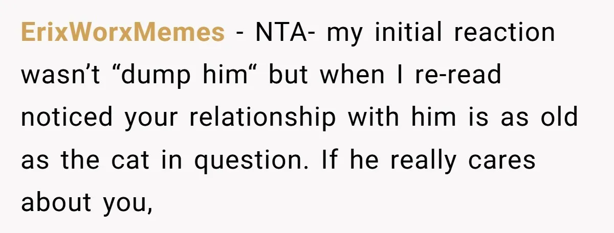 ErixWorxMemes - NTA- my initial reaction wasn’t “dump him“ but when I re-read noticed your relationship with him is as old as the cat in question. If he really cares...