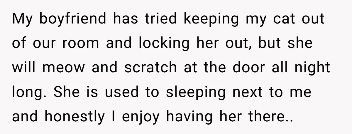 My boyfriend has tried keeping my cat out of our room and locking her out, but she will meow and scratch at the door all night long. She is used...