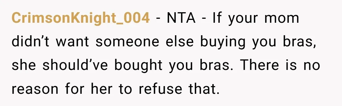 CrimsonKnight_004 − NTA - If your mom didn’t want someone else buying you bras, she should’ve bought you bras. There is no reason for her to refuse that.