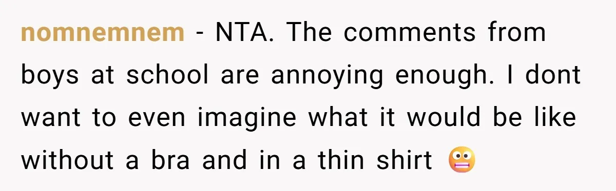 nomnemnem − NTA. The comments from boys at school are annoying enough. I dont want to even imagine what it would be like without a bra and in a thin...