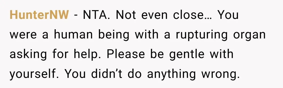 HunterNW − NTA. Not even close… You were a human being with a rupturing organ asking for help. Please be gentle with yourself. You didn’t do anything wrong.