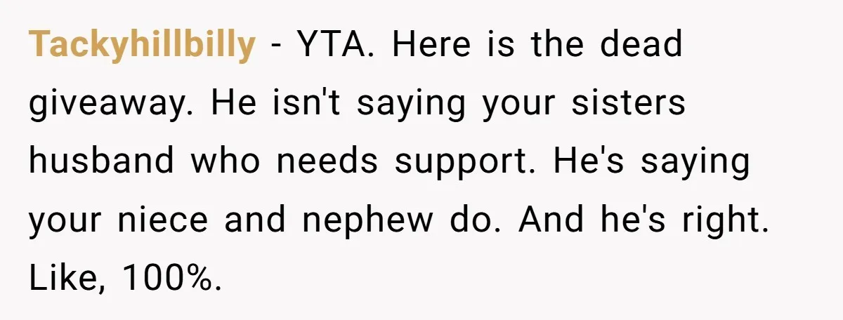 Tackyhillbilly − YTA. Here is the dead giveaway. He isn't saying your sisters husband who needs support. He's saying your niece and nephew do. And he's right. Like, 100%.