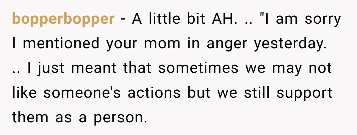 bopperbopper − A little bit AH. .. "I am sorry I mentioned your mom in anger yesterday. .. I just meant that sometimes we may not like someone's actions but...