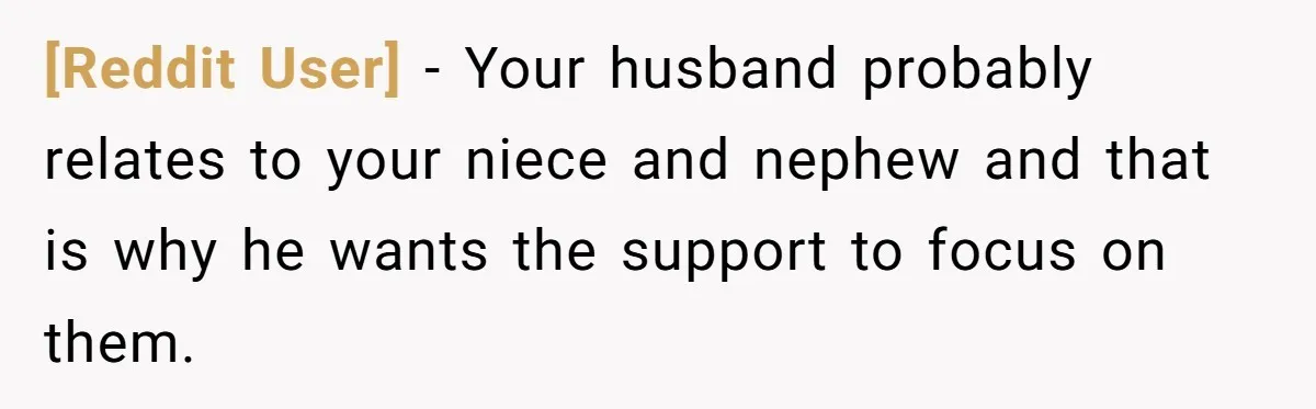 [Reddit User] − Your husband probably relates to your niece and nephew and that is why he wants the support to focus on them.