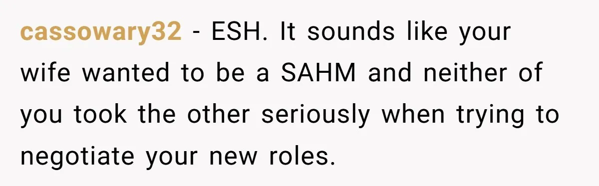 cassowary32 - ESH. It sounds like your wife wanted to be a SAHM and neither of you took the other seriously when trying to negotiate your new roles.