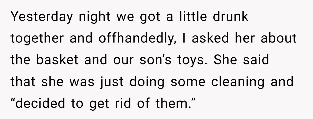 Yesterday night we got a little drunk together and offhandedly, I asked her about the basket and our son’s toys. She said that she was just doing some cleaning and...
