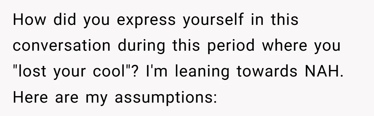 How did you express yourself in this conversation during this period where you "lost your cool"? I'm leaning towards NAH. Here are my assumptions: