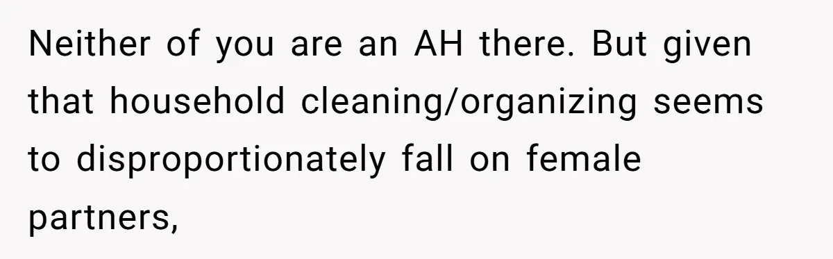 Neither of you are an AH there. But given that household cleaning/organizing seems to disproportionately fall on female partners,