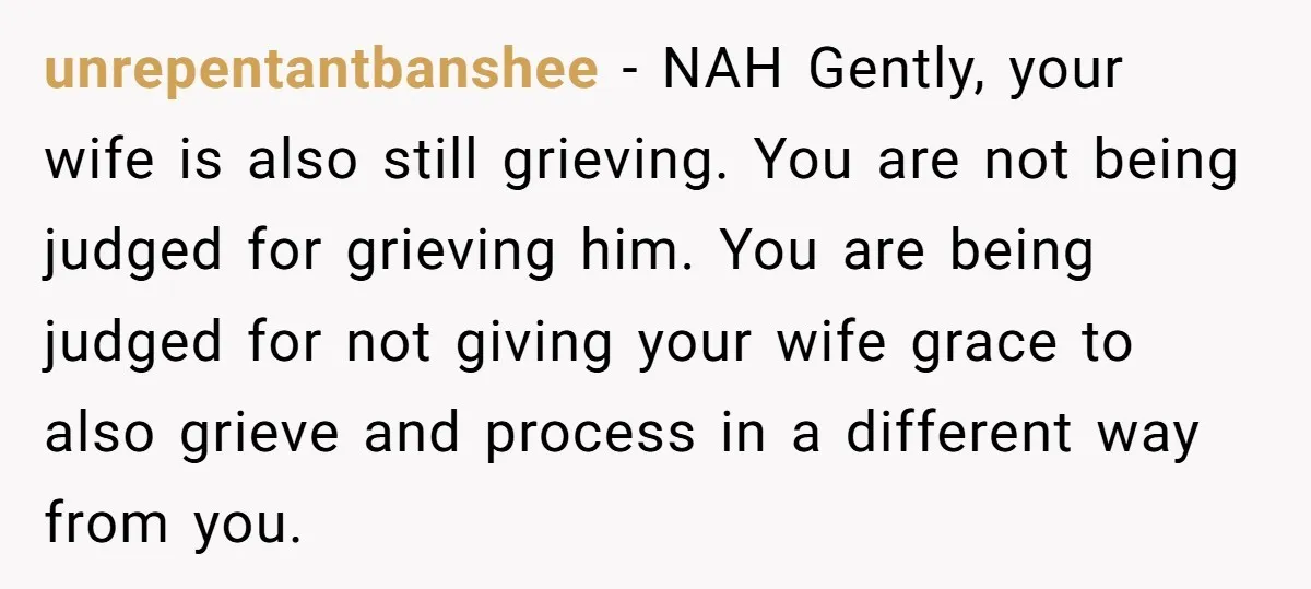 unrepentantbanshee − NAH Gently, your wife is also still grieving. You are not being judged for grieving him. You are being judged for not giving your wife grace to also...