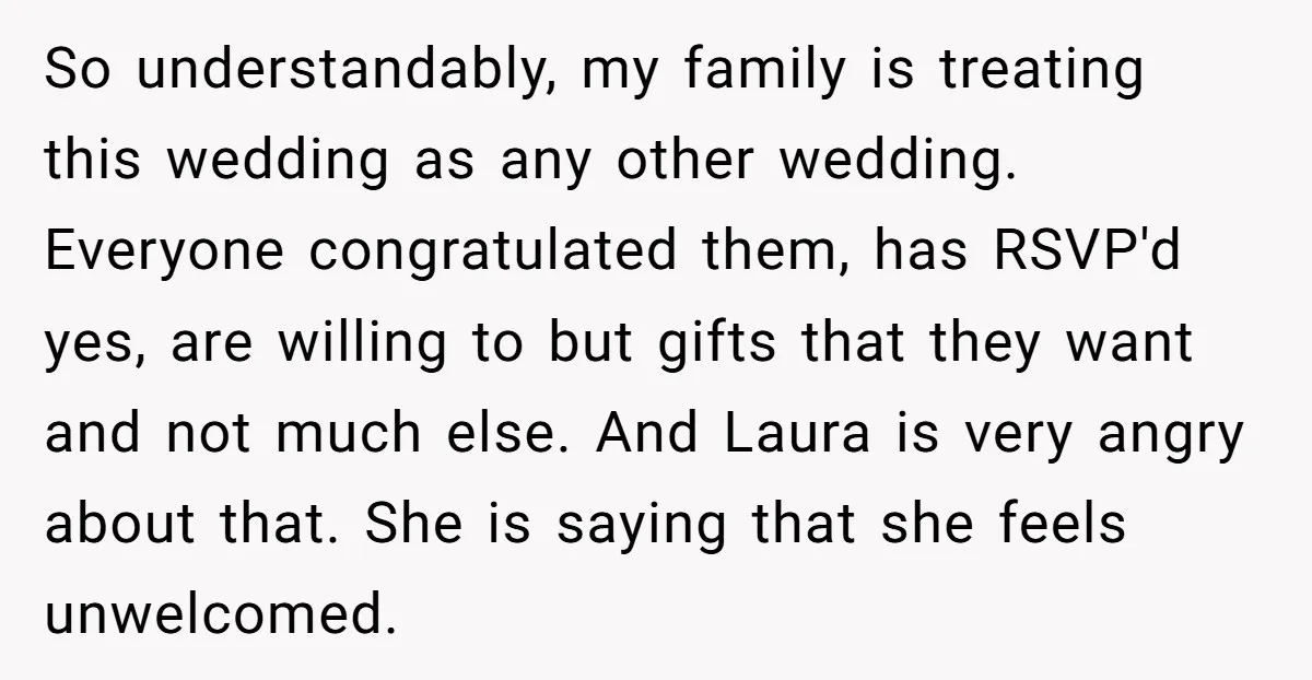 So understandably, my family is treating this wedding as any other wedding. Everyone congratulated them, has RSVP'd yes, are willing to but gifts that they want and not much else....