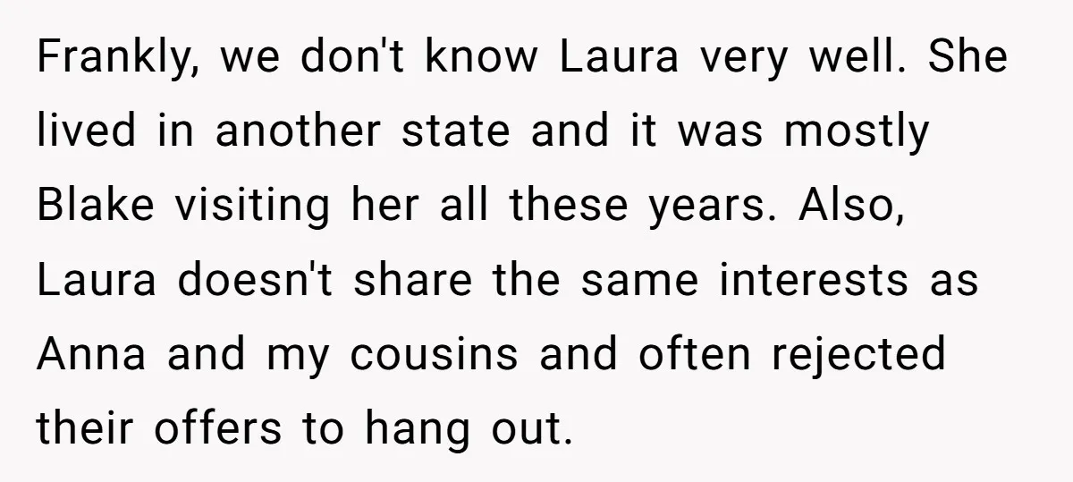 Frankly, we don't know Laura very well. She lived in another state and it was mostly Blake visiting her all these years. Also, Laura doesn't share the same interests as...