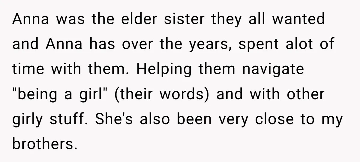 Anna was the elder sister they all wanted and Anna has over the years, spent alot of time with them. Helping them navigate "being a girl" (their words) and with...