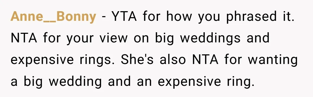 Anne__Bonny − YTA for how you phrased it. NTA for your view on big weddings and expensive rings. She's also NTA for wanting a big wedding and an expensive ring.